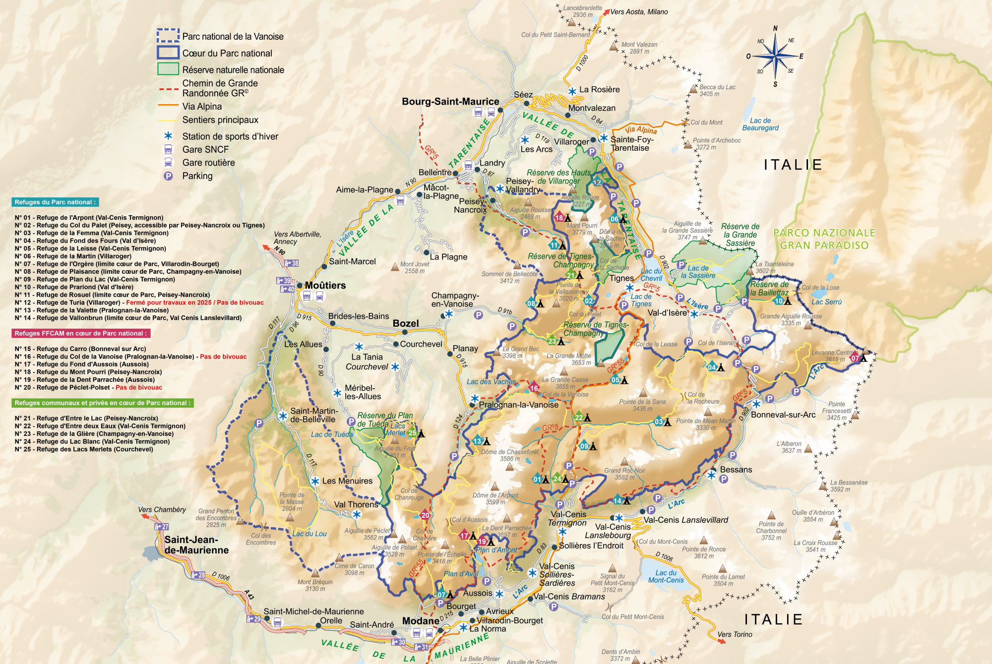 Carte du bivouac à proximité des refuges dans le Parc national de la Vanoise