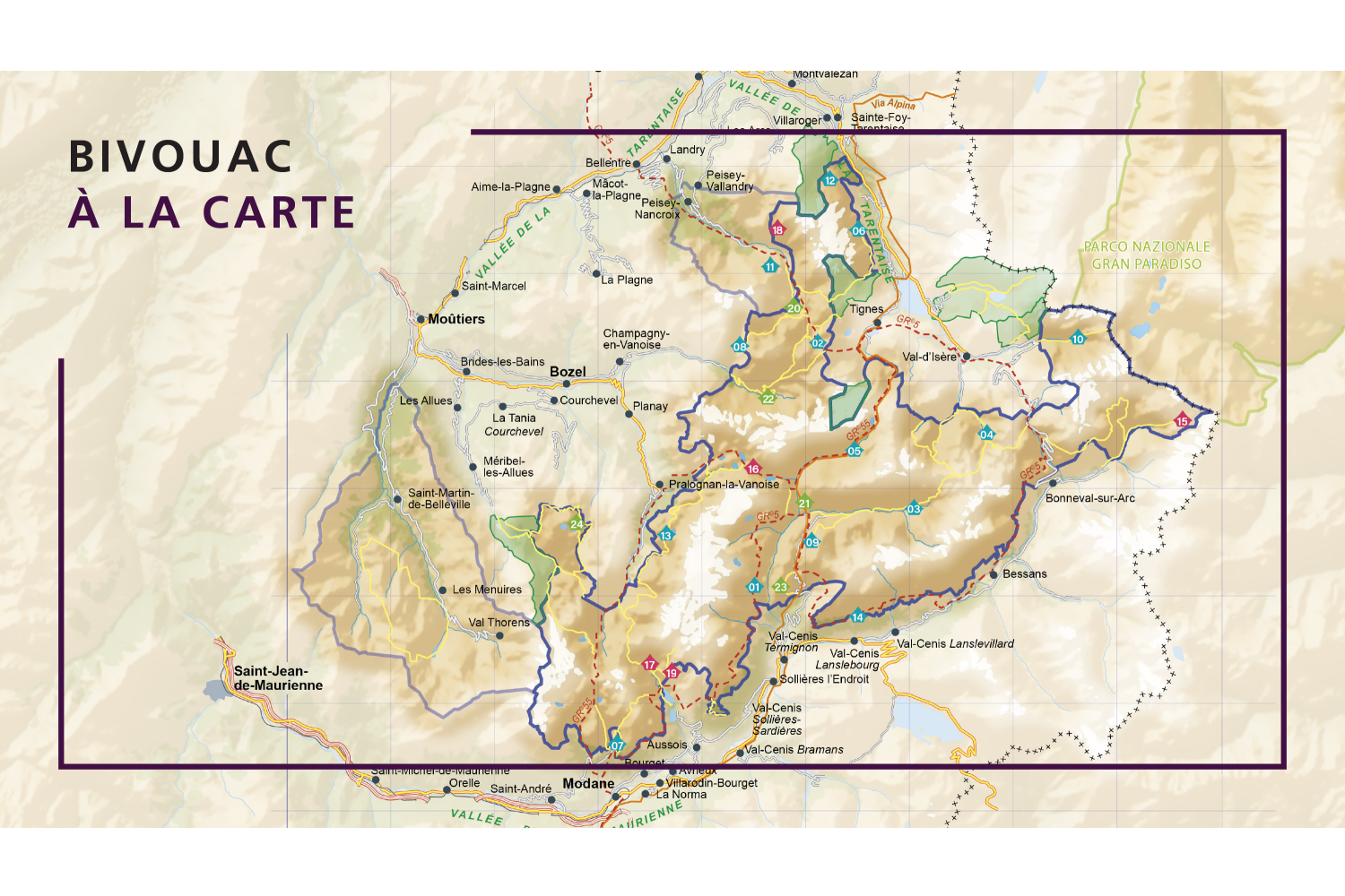 Carte des aires de bivouac autour des refuges dans le Parc national de la Vanoise